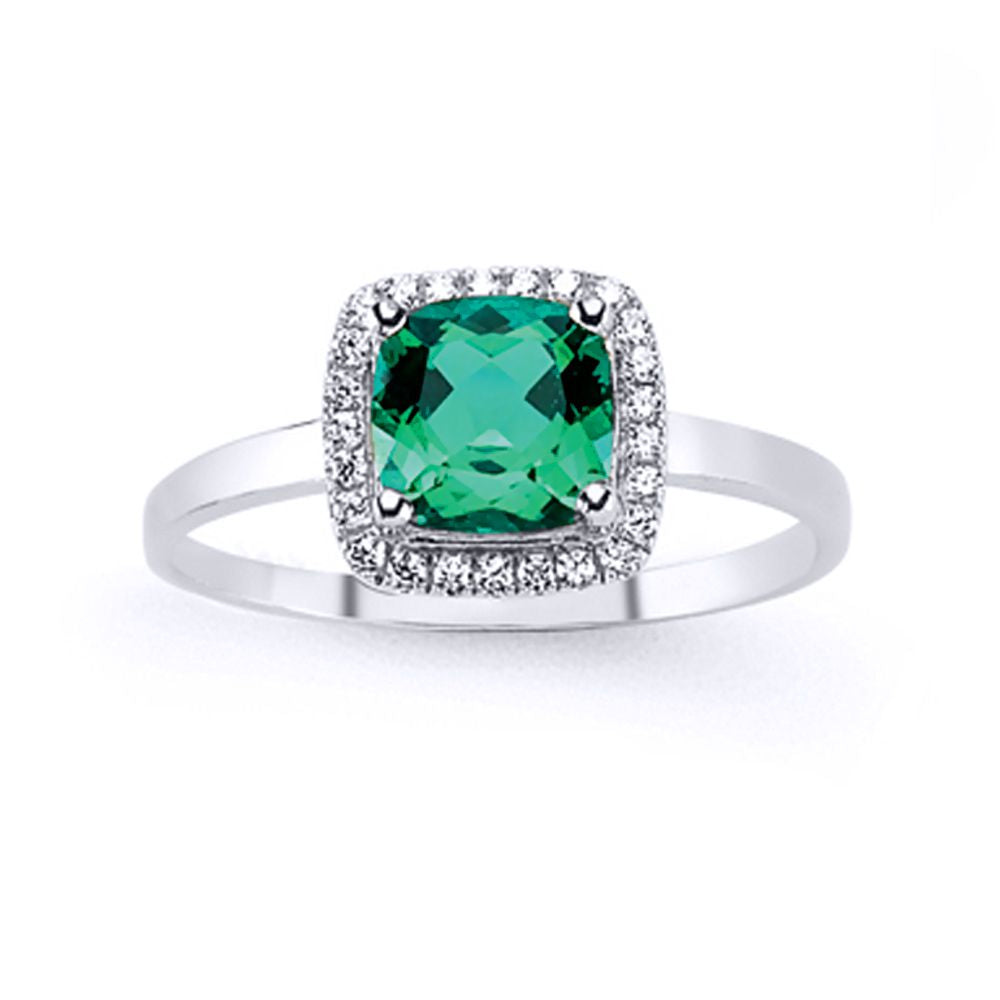 Silver  Green Cushion CZ Halo Cluster Solitaire Engagement Ring - GVR548EM