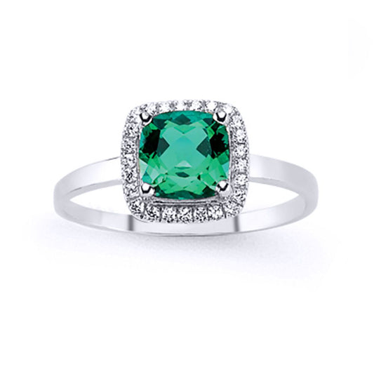 Silver  Green Cushion CZ Halo Cluster Solitaire Engagement Ring - GVR548EM
