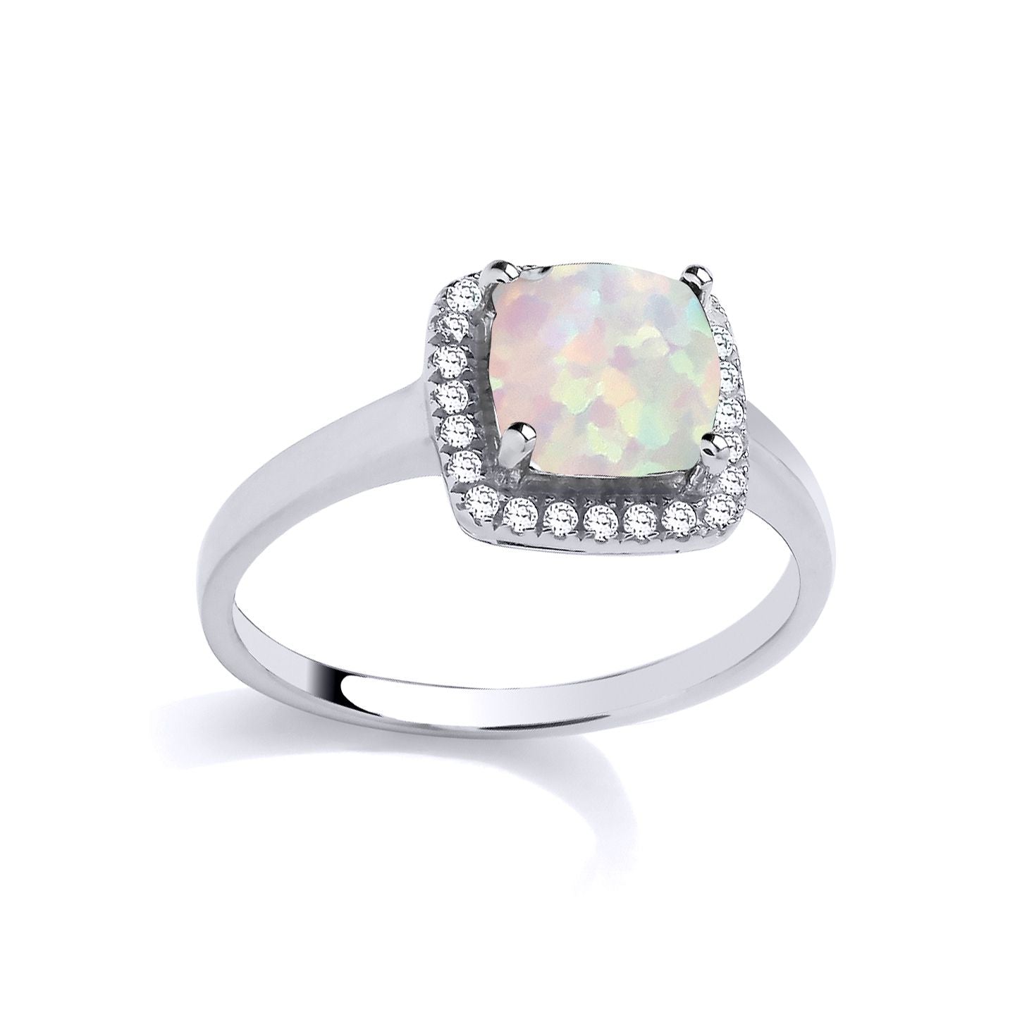 Silver  Opal Cushion CZ Halo Cluster Solitaire Engagement Ring - GVR548OP
