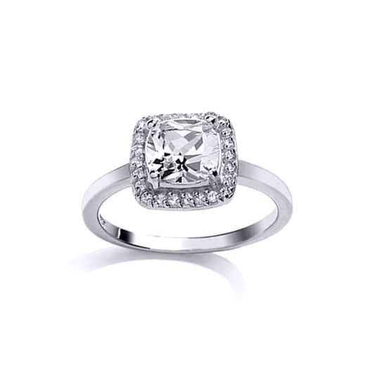 Silver  Cushion CZ Halo Cluster Solitaire Engagement Ring - GVR548WHT