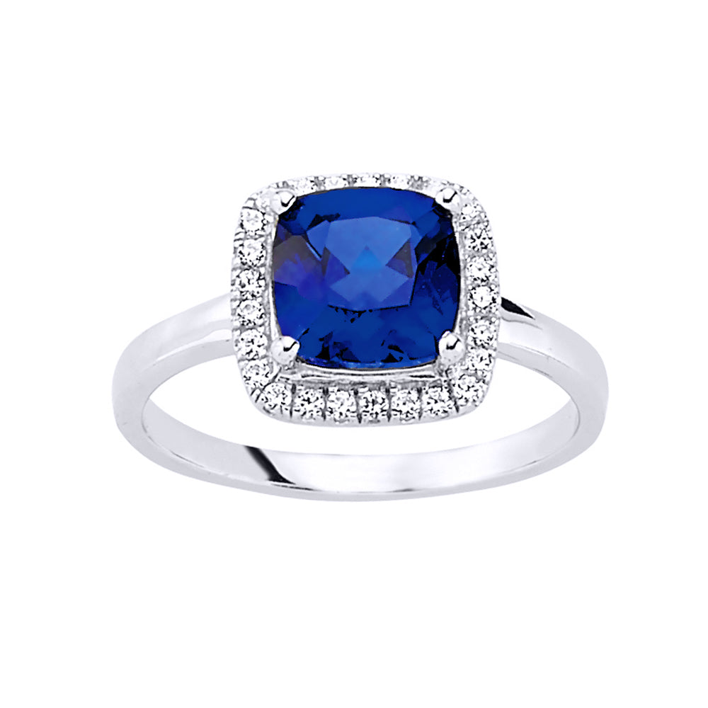 Silver  Blue Square CZ Halo Cluster Solitaire Engagement Ring - GVR548