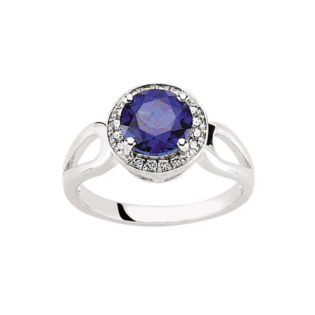 Silver  Blue and White CZ Halo Cluster Engagement Ring - GVR549