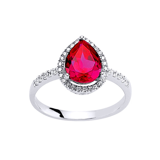 Silver  Red Pear CZ Halo Engagement Ring - GVR551