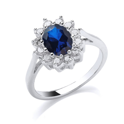 Silver  Sapphire-Blue CZ Princess Diana Kate Royal Engagement Ring - GVR564