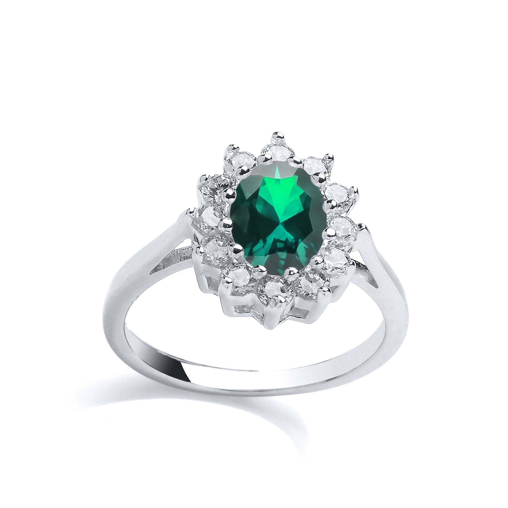 Silver  Green Oval CZ Royal Cluster Cluster Ring - GVR564EM