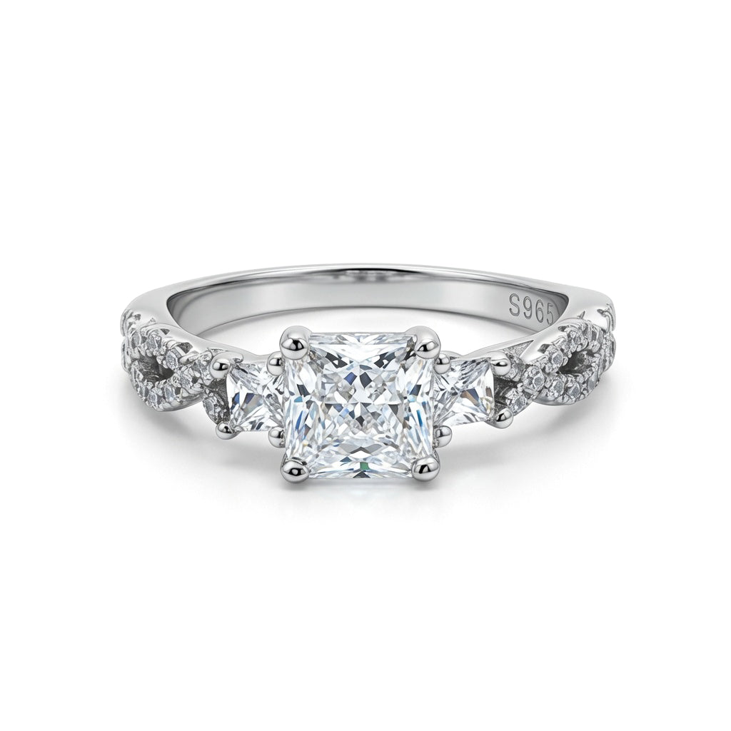 Silver  Princess Cut CZ Shoulder-Set 4 Claw Solitaire Ring - GVR578