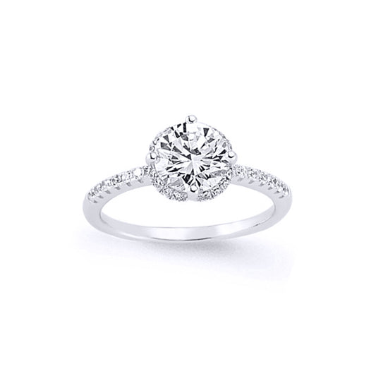 Silver  CZ Shoulder-Set Halo Solitaire Engagement Ring - GVR581