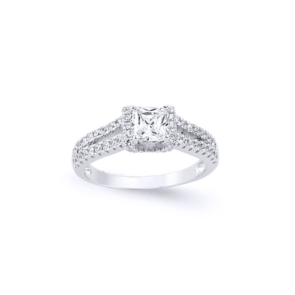 Silver  Princess CZ Split Shoulder-Set Solitaire Engagement Ring - GVR585