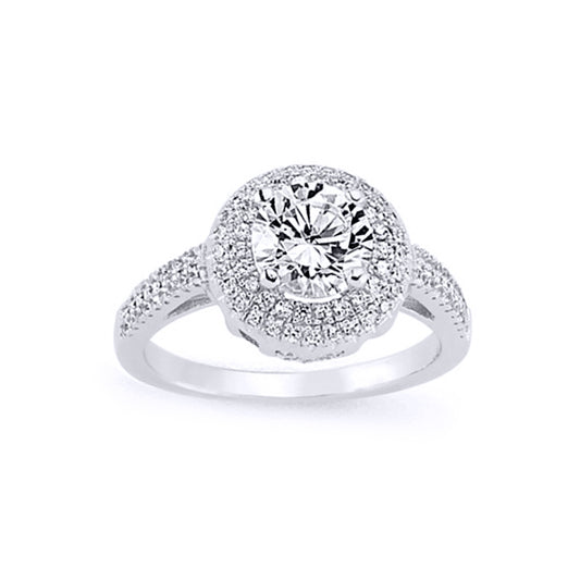 Silver  CZ Shoulder-Set Halo Solitaire Engagement Ring - GVR587