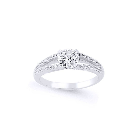 Silver CZ Split Shoulder-Set Solitaire Engagement Ring - GVR589