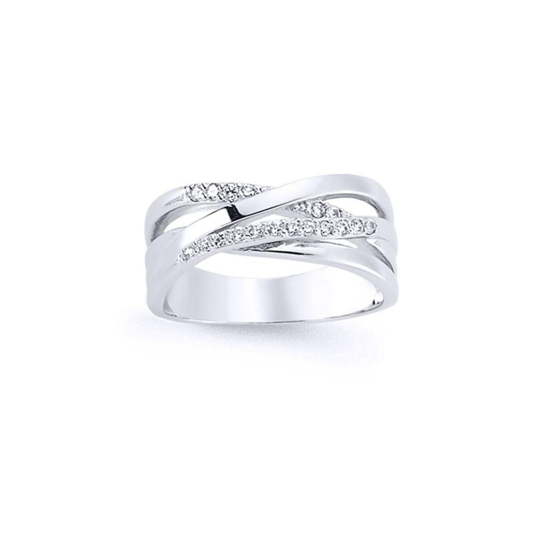 Silver  CZ Pave Crossover Dress Ring - GVR592
