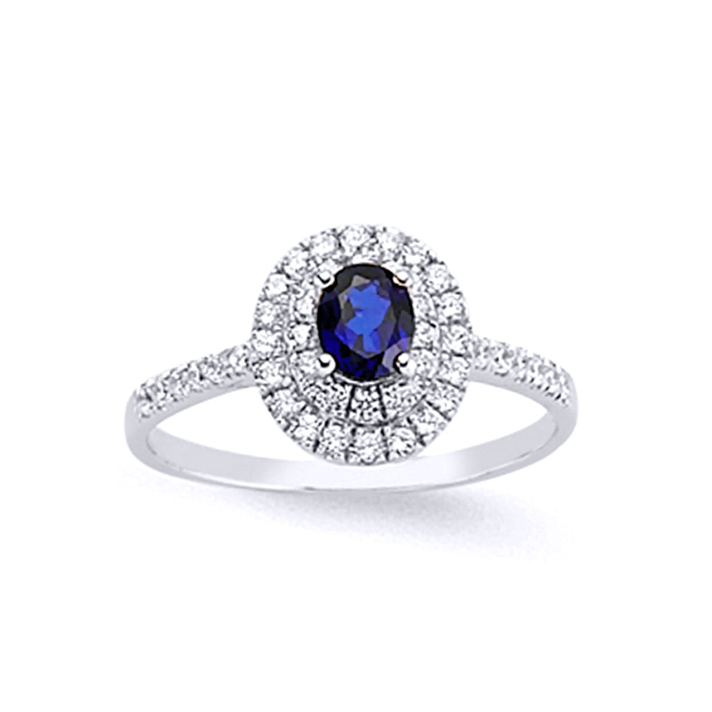 Silver  Blue Oval CZ Halo Engagement Ring - GVR603