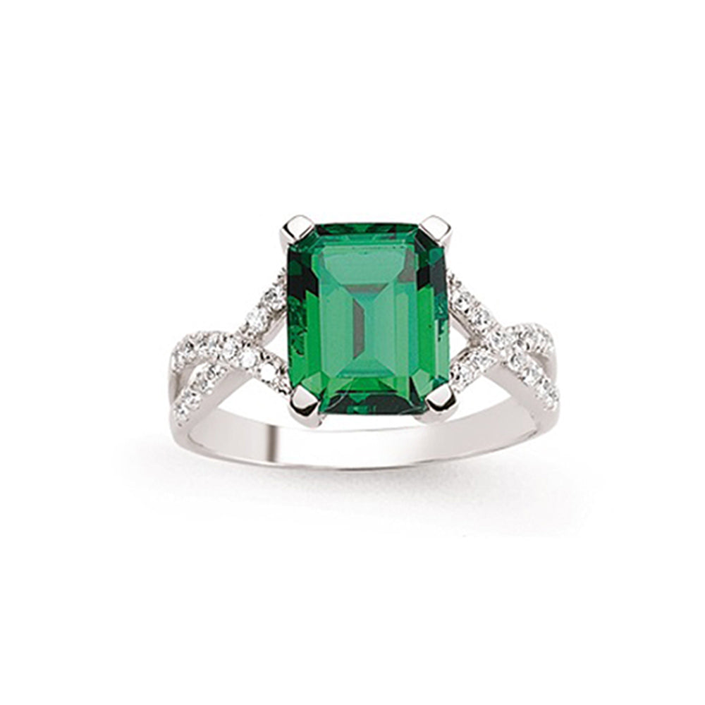 Silver  Green Emerald Cut CZ Criss Cross Engagement Ring - GVR605