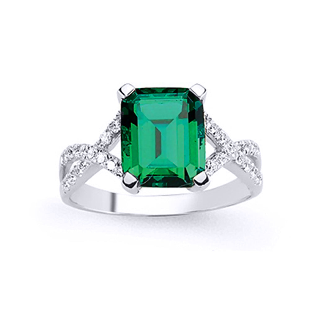 Silver  Green Emerald Cut CZ Criss Cross Engagement Ring - GVR605