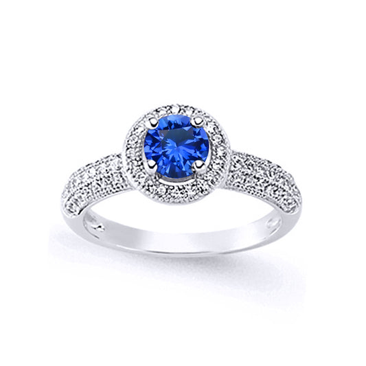 Silver  Blue CZ Halo Engagement Ring - GVR609