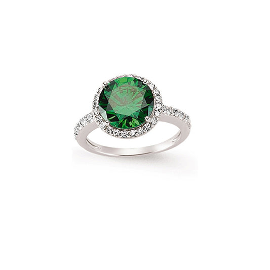 Silver  Green CZ Halo Engagement Ring - GVR612