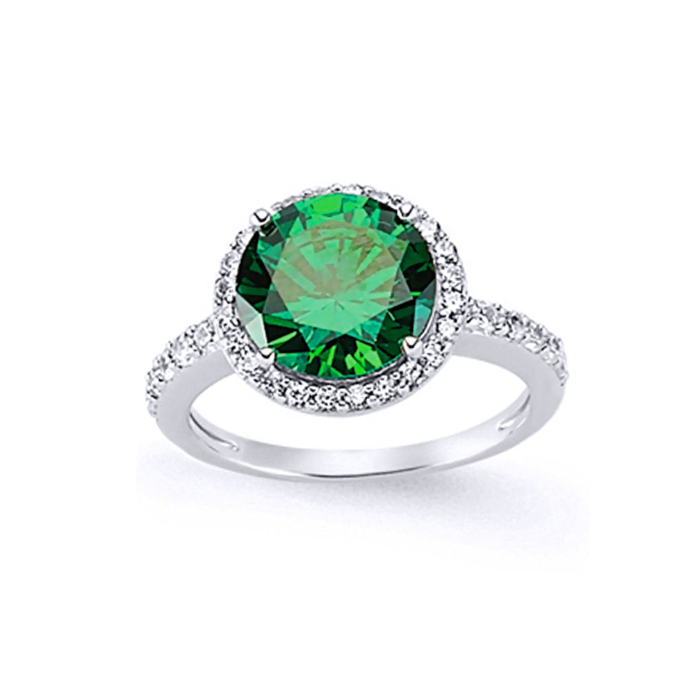 Silver  Green CZ Halo Engagement Ring - GVR612