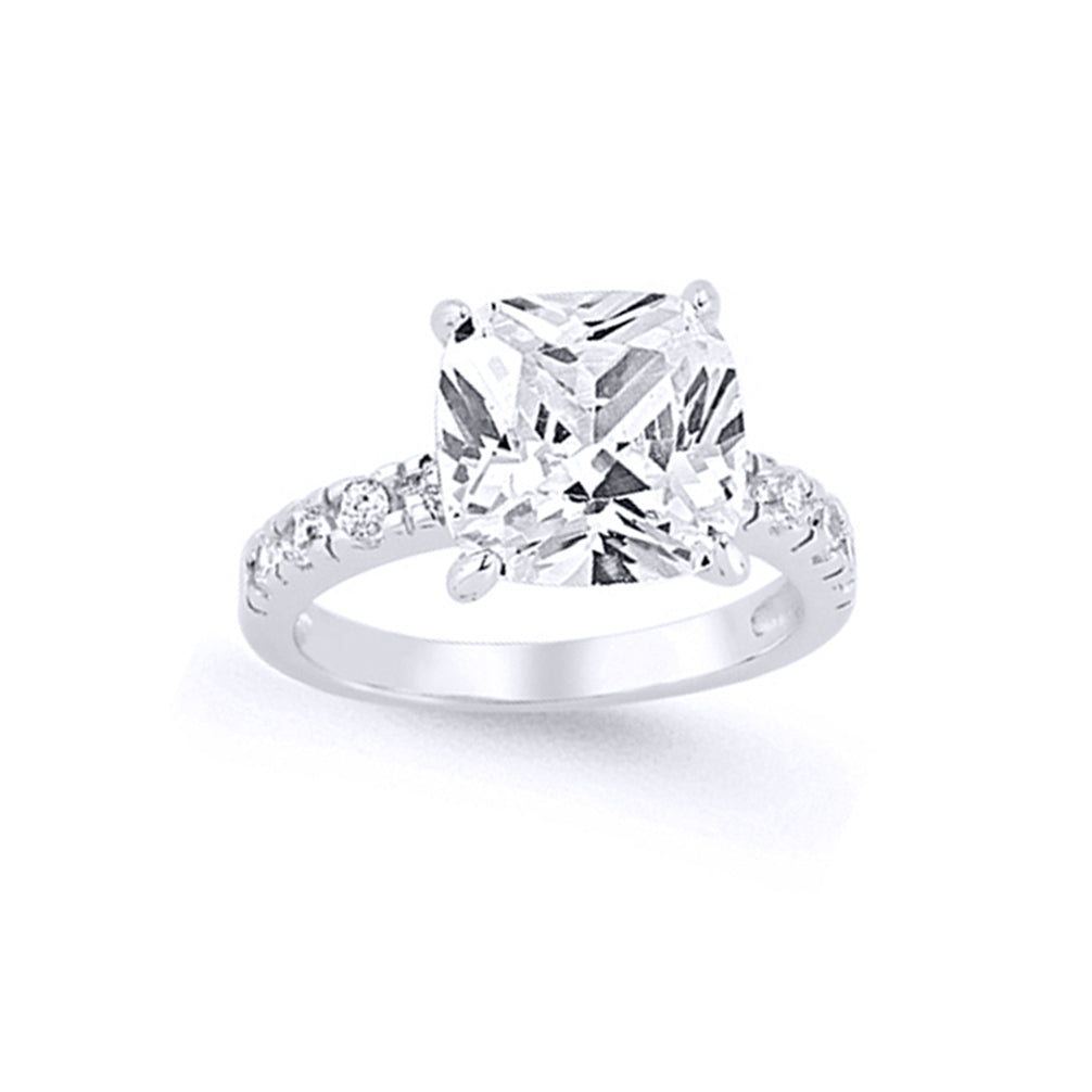 Silver  Cushion CZ Shoulder-Set 4 Claw Solitaire Engagement Ring - GVR630