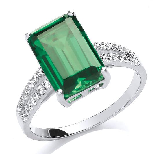 Silver  Green Emerald CZ 4 Claw Solitaire Engagement Ring - GVR660EM
