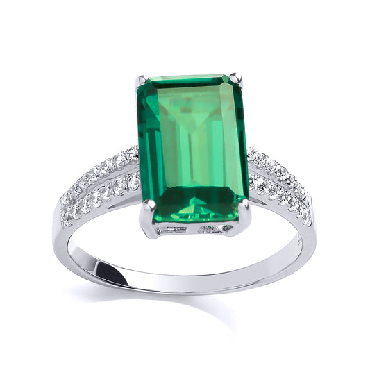 Silver  Green Emerald CZ 4 Claw Solitaire Engagement Ring - GVR660EM