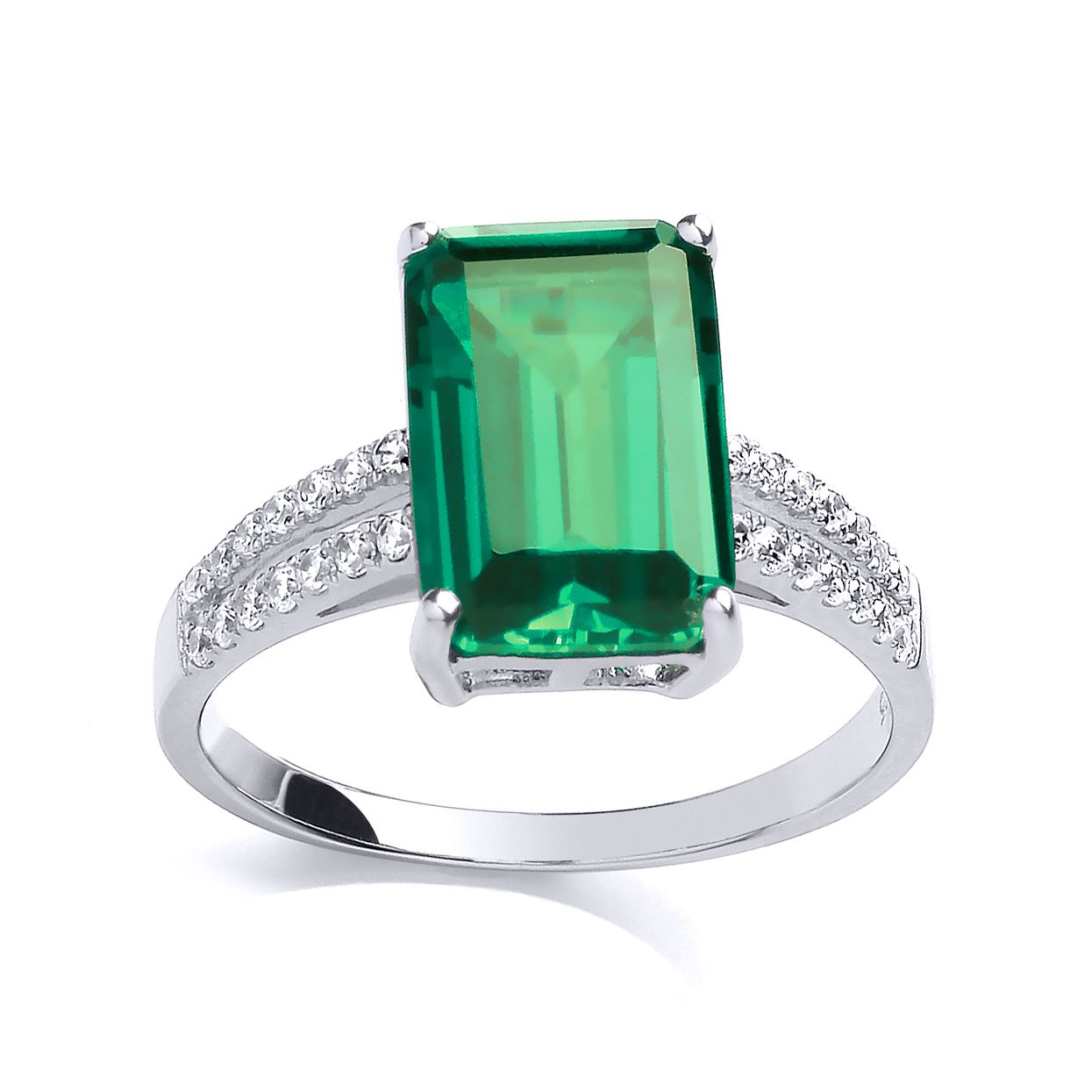 Silver  Green Emerald CZ 4 Claw Solitaire Engagement Ring - GVR660EM