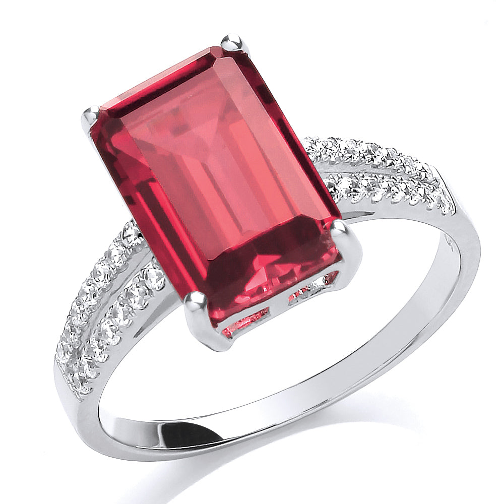 Silver  Red Emerald Cut CZ Shoulder-Set 4 Claw Solitaire Ring - GVR660RUBY
