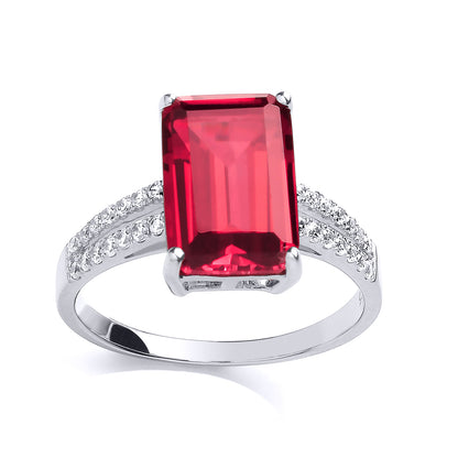 Silver  Red Emerald Cut CZ Shoulder-Set 4 Claw Solitaire Ring - GVR660RUBY