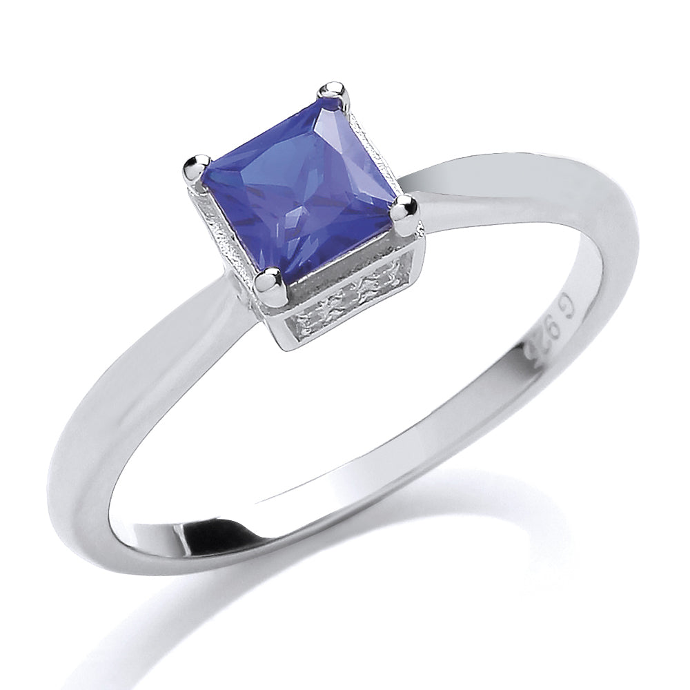 Silver  Blue and White Princess Cut and CZ Solitaire Ring - GVR662
