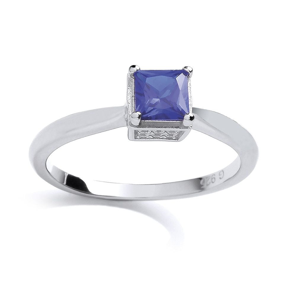 Silver  Blue and White Princess Cut and CZ Solitaire Ring - GVR662