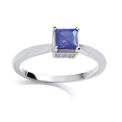 Silver  Blue and White Princess Cut and CZ Solitaire Ring - GVR662