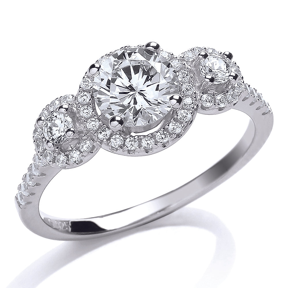 Silver  CZ Halo Trilogy Engagement Ring - GVR664