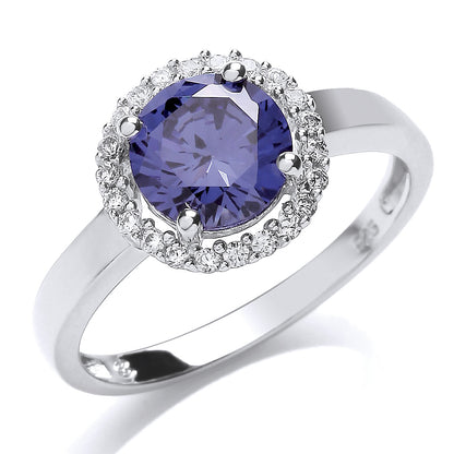 Silver  Purple CZ Halo 4 Claw Solitaire Engagement Ring - GVR665