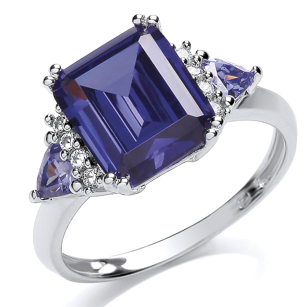 Silver  Purple Triangle Emerald Cut CZ Cluster Cocktail Ring - GVR666