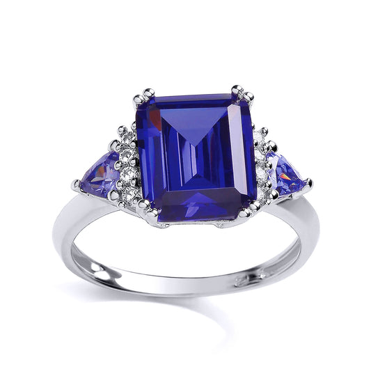 Silver  Purple Triangle Emerald Cut CZ Cluster Cocktail Ring - GVR666