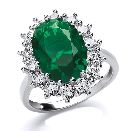 Silver  Green Oval CZ Royal Princess Cluster Solitaire Ring - GVR668EM