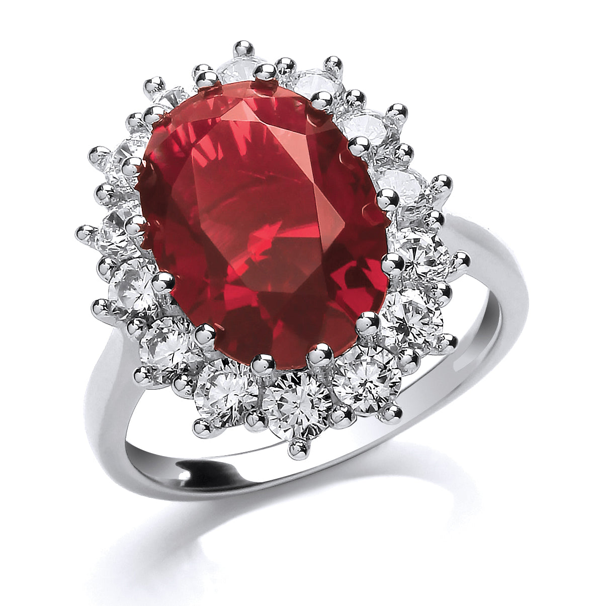 Silver  Red Oval Created Ruby CZ Royal Princess Cluster Ring - GVR668RU