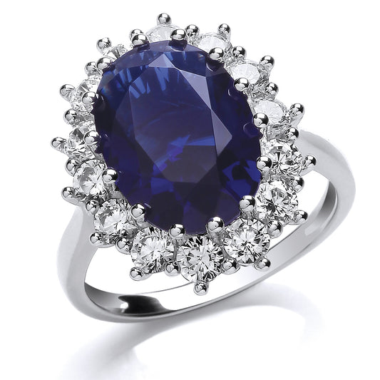 Silver  Blue Oval CZ Royal Princess Cluster Solitaire Ring - GVR668SAP