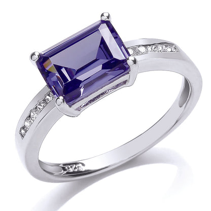 Silver  Purple Emerald Cut CZ Shoulder-Set 4 Claw Solitaire Ring - GVR669