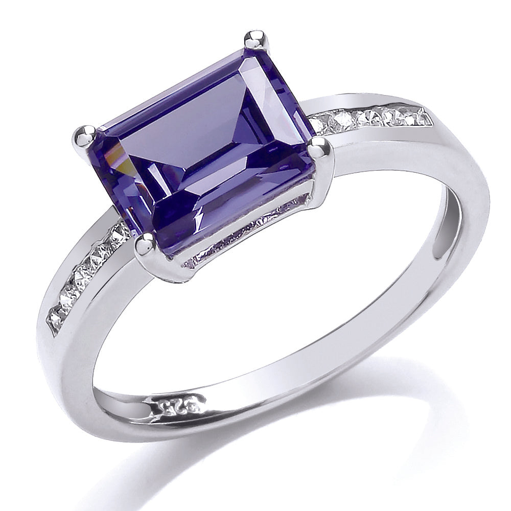 Silver  Purple Emerald CZ 4 Claw Solitaire Engagement Ring - GVR669