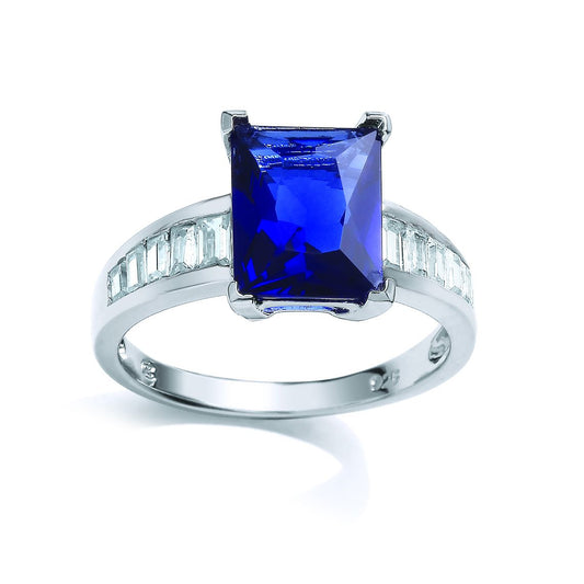 Silver  Blue Emerald and Baguette Cut CZ Cluster Cocktail Ring - GVR672