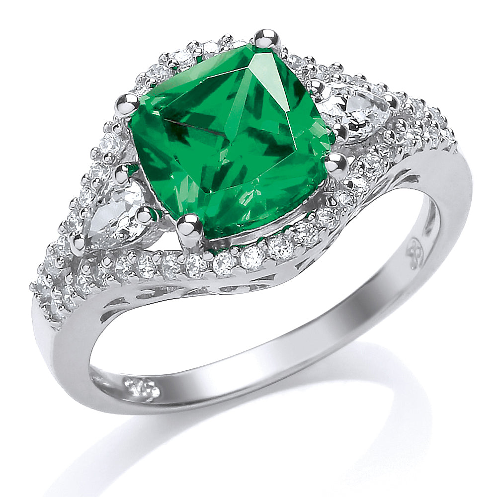 Silver  Green Cushion CZ Halo Engagement Ring - GVR673EM