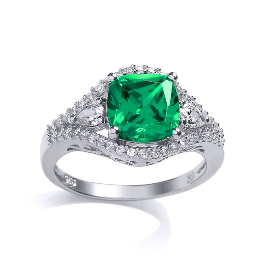 Silver  Green Cushion CZ Halo Engagement Ring - GVR673EM