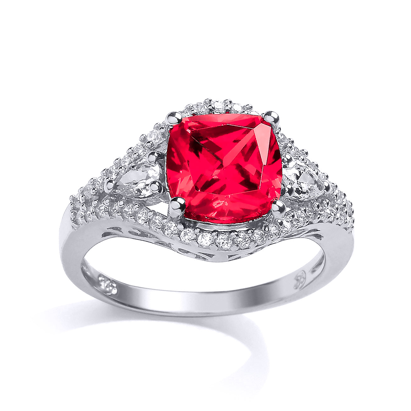 Silver  Red Cushion CZ Halo Engagement Ring - GVR673RU