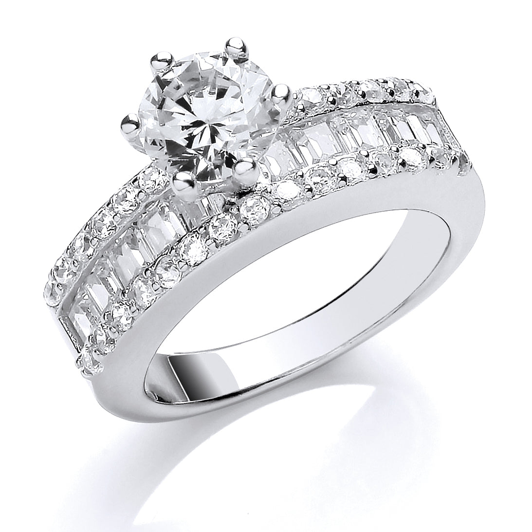 Silver  CZ Shoulder-Set 6 Claw Solitaire Engagement Ring - GVR675