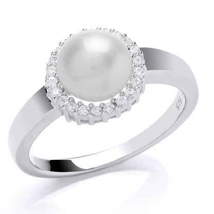 Silver  CZ Pearl Halo Solitaire Ring 9mm - GVR683