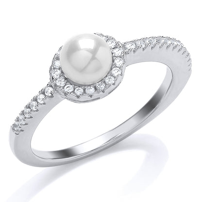 Silver  CZ Pearl Halo Full Moon Dress Ring 6mm - GVR694