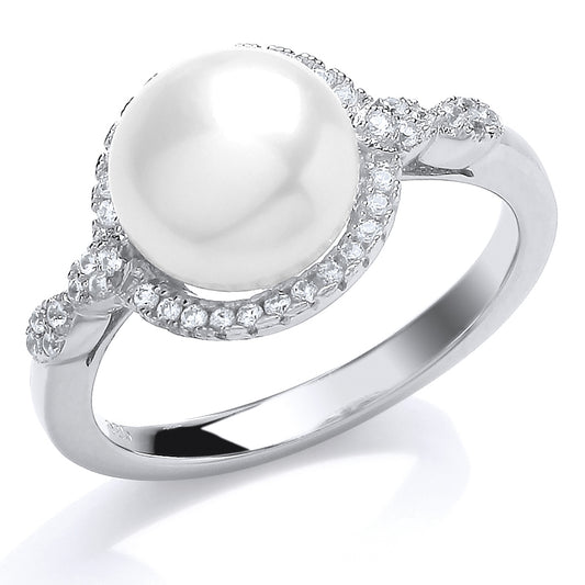 Silver  CZ Pearl Halo Full Moon Dress Ring 10mm - GVR695