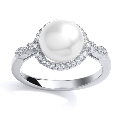 Silver  CZ Pearl Halo Full Moon Dress Ring 10mm - GVR695