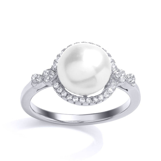 Silver  CZ Pearl Halo Full Moon Dress Ring - GVR696