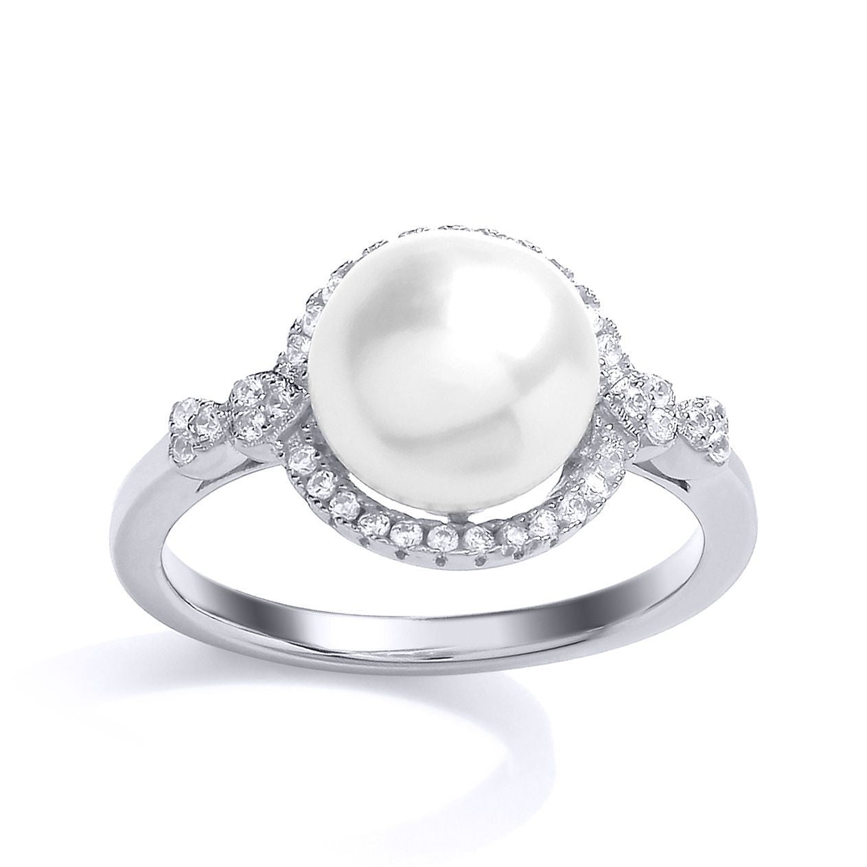 Silver  CZ Pearl Halo Full Moon Dress Ring - GVR696
